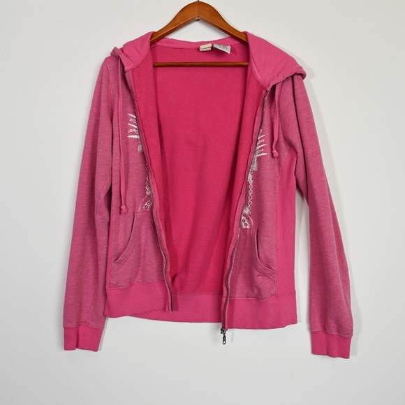 Billabong Y2K Pink Zip Up Hoodie Women's XL Peace Sign Bohemian Hippie Logo - Picture 9 of 14